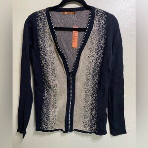 Women's Cardigan in Black Cream and Gold with Rhinestone Adorned Zipper